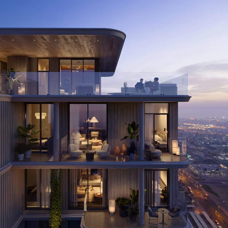 Rooftop terrace at dusk with skyline views