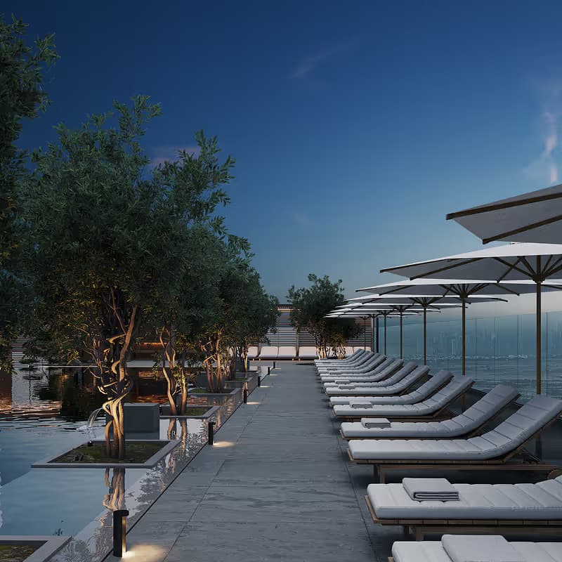 Rooftop pool deck at dusk